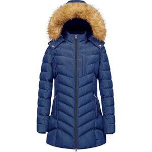 Women's Dark Navy  Winter Warm Long Hooded Puffer Jacket Coat Fabric Waterproof